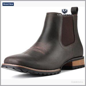 Men's Square Toe Chelsea Western Boots Ankle Height Pull On Work Casual